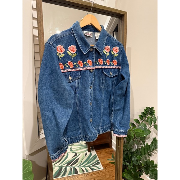 bill blass Jackets & Blazers - Vintage Bill Blass Womens Jeans Denim Jacket Embroidered Roses Pink Trim Size L